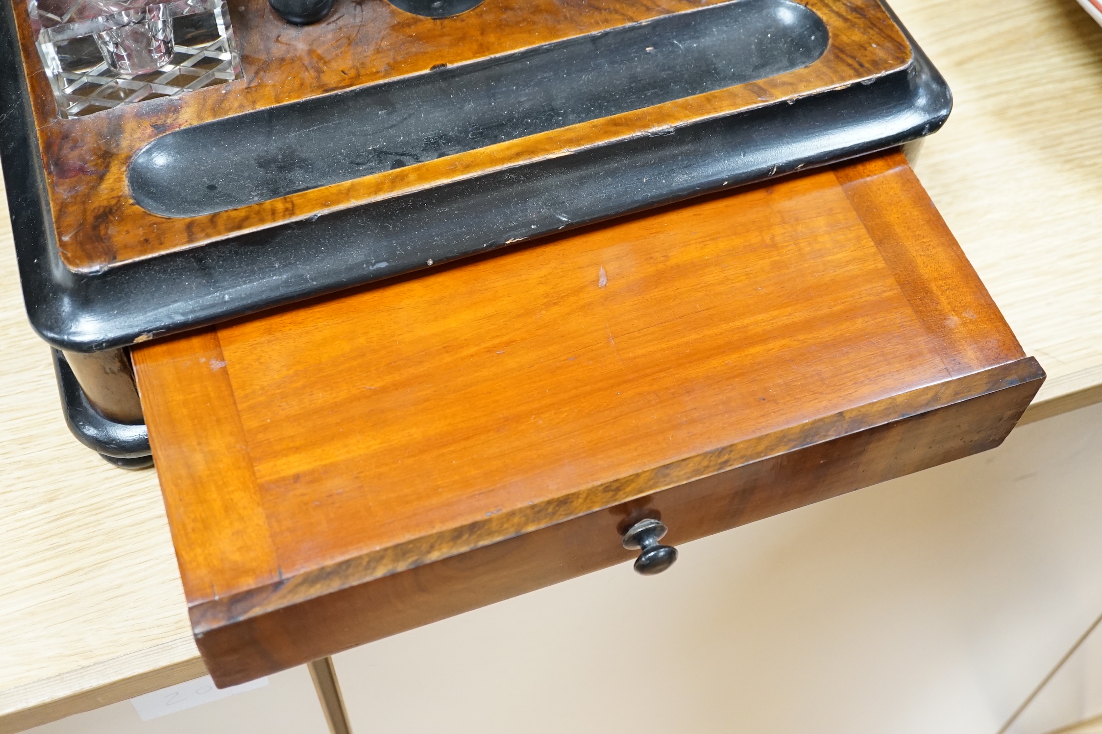 A fitted ink/desk stand and a writing slope, inkstand 36cm x 25cm deep (2)